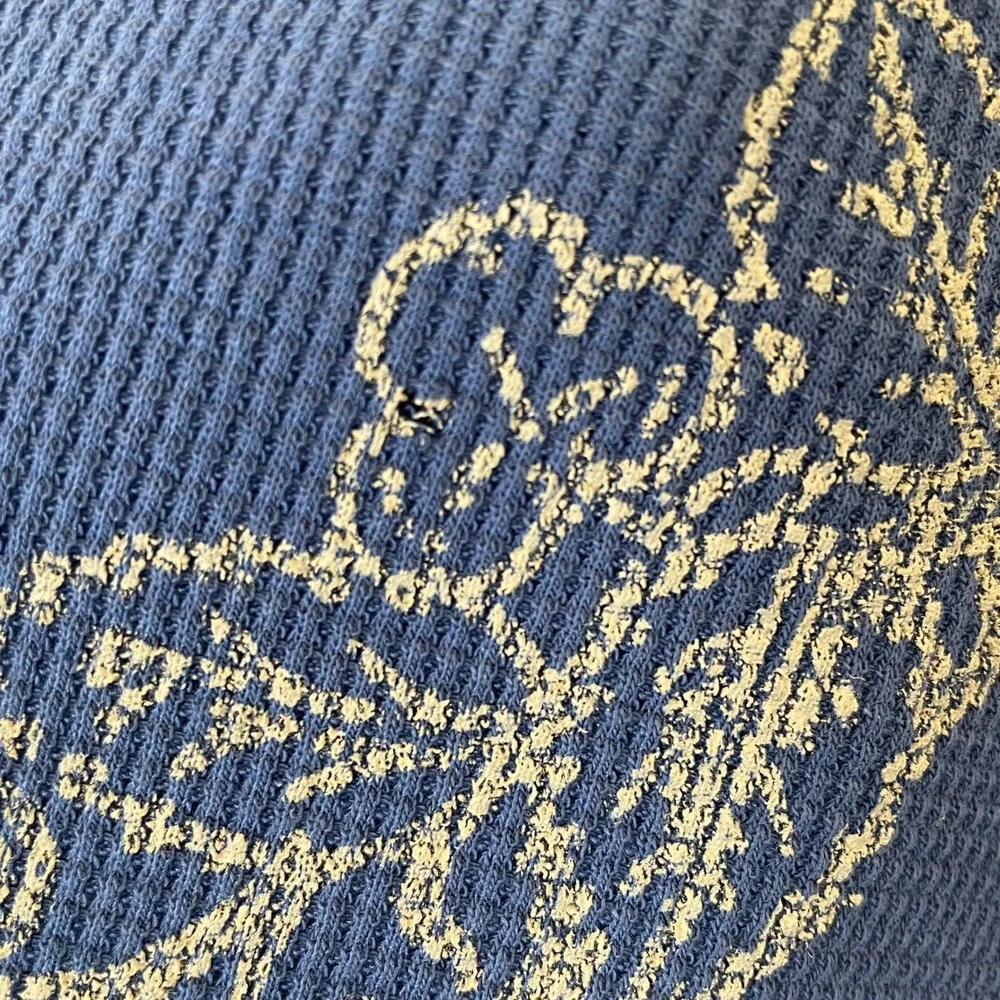 Free People x Vintage Souls RARE Blue Waffle Knit Graphic Top Distressed Size XS